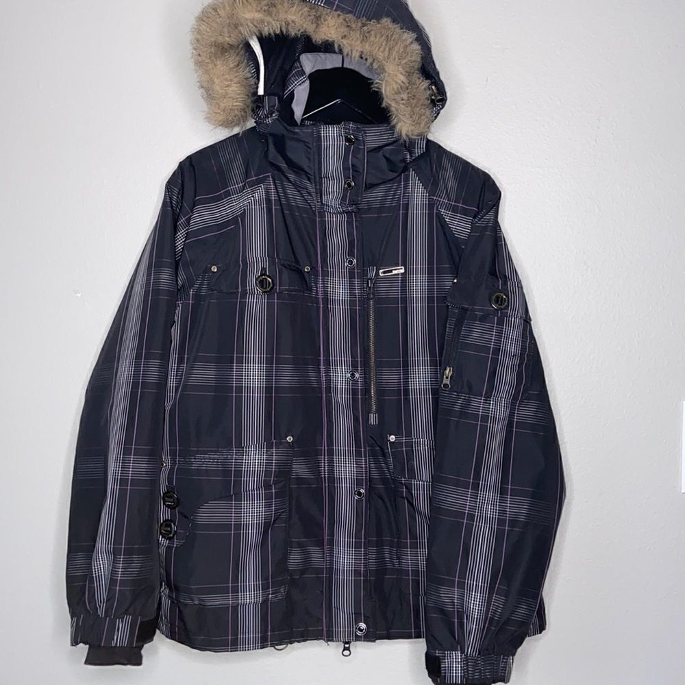 Empyre Black Plaid Ski Jacket with Faux Fur Hood